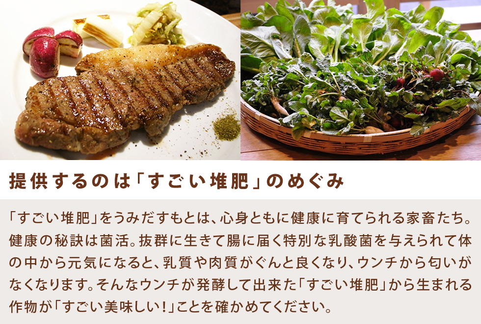提供するのは「すごい堆肥」のめぐみ 「すごい堆肥」をうみだすもとは、心身ともに健康に育てられる家畜たち。健康の秘訣は菌活。抜群に生きて腸に届く特別な乳酸菌を与えられて体の中から元気になると、乳質や肉質がぐんと良くなり、ウンチから匂いがなくなります。そんなウンチが発酵して出来た「すごい堆肥」から生まれる作物が「すごい美味しい!」ことを確かめてください。